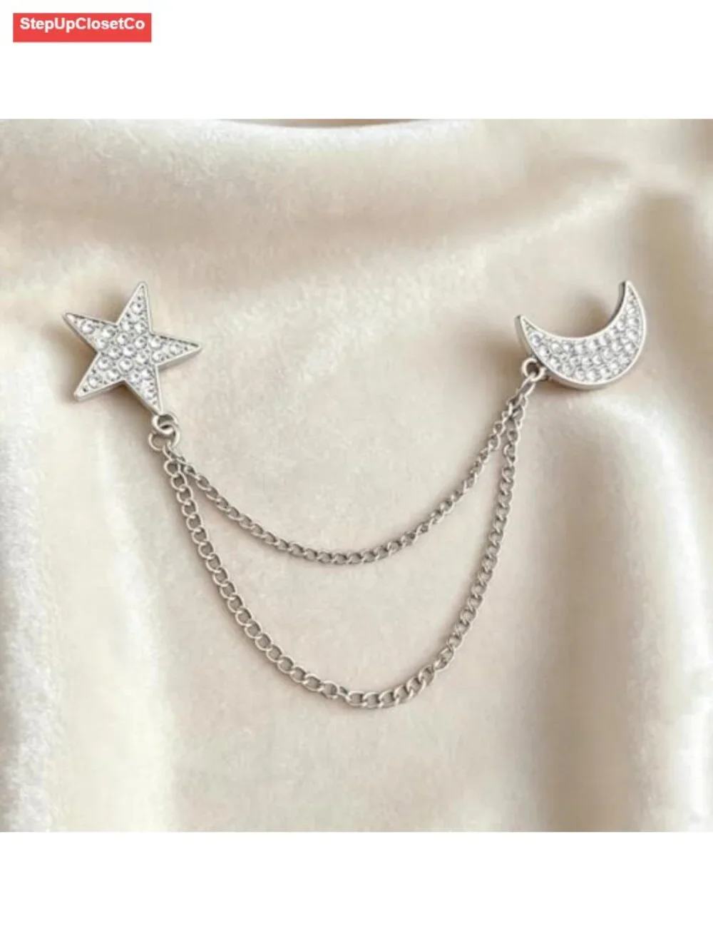 Gold Tassel Chain Brooch Double Pin Star Moon Crystal Rhinestone Suit Coat
